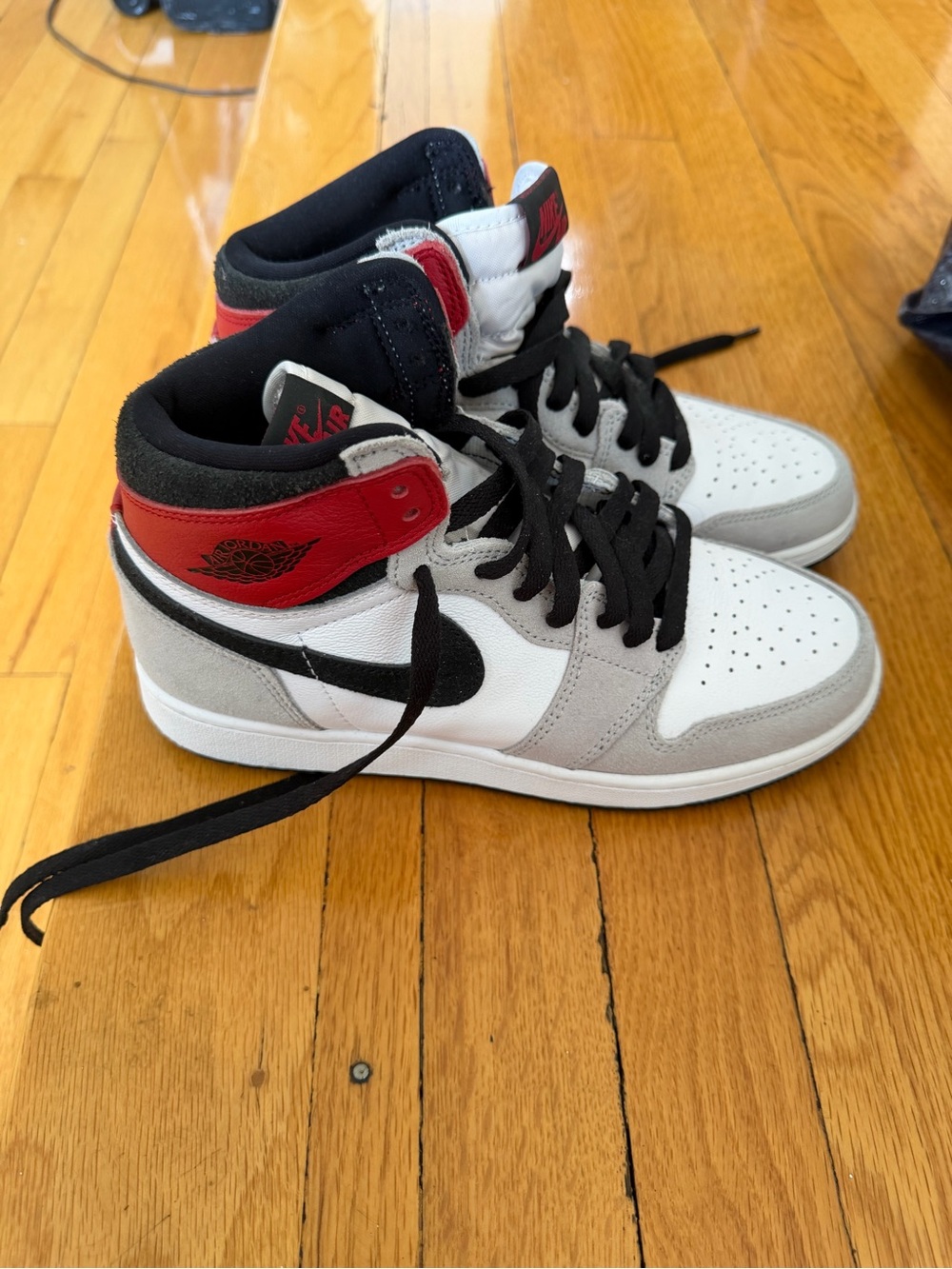 Jordan Kids High-Top Sneakers in White, Gray, Black & Red